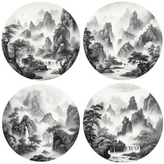 round shaped ink-and-wash painting, isolated transparent background, Generative AI
