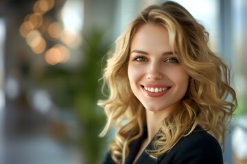 Fototapeta na wymiar Smiling Professional Blonde Woman in a Business Suit in a Brightly Lit Office Space