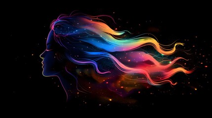 Artistic Rendering of a Female Silhouette with Multicolored Hair Against a Starry Night Background