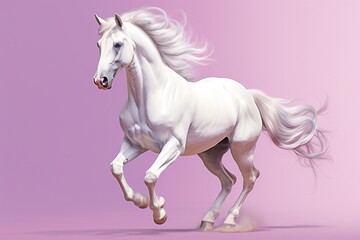 a white horse running with a long mane