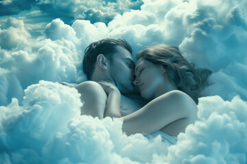 man and woman sleeping peacefully and cuddling on soft clouds in the sky