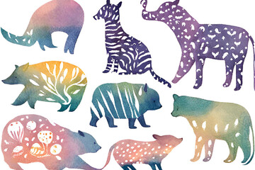 Colorful watercolor wild life pattern background, Doodles wildlife background