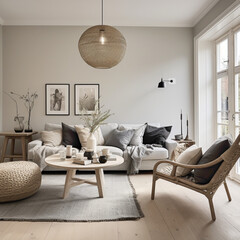 A chic and airy Scandinavian living room with a combination of light and dark elements, creating a timeless and sophisticated aesthetic.