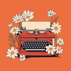 Red Typewriter and White Daisies.  Vector Graphic