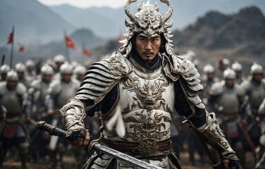 Fototapeta na wymiar Chinese handsome general dressed in metal armor. AI generated