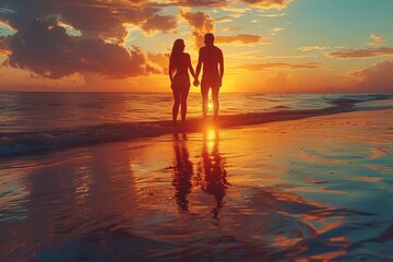 A couple stands on the beach at sunset, their hands intertwined as they gaze out at the reflection of the sky in the ocean waves, feeling the warmth of the sun and the beauty of nature surrounding th