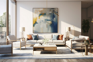 A chic living area showcasing an empty white frame against a backdrop of muted, earthy tones, accentuated by modern furniture and splashes of lively, contrasting colors in decor elements.
