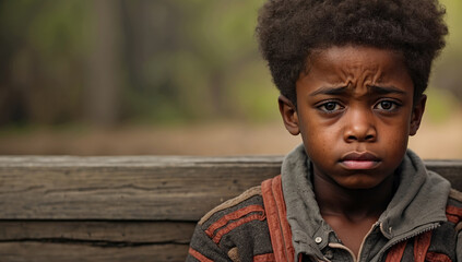 Sad African American boy sitting on the bench. AI generated