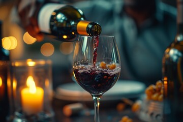 Indulge in the rich aromas and flavors of a fine red wine, poured gracefully into a delicate stemware glass, as the soft glow of candlelight sets the mood for a sophisticated evening of sipping and s