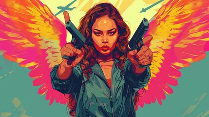 An angel with a gun making the silence sign streetwear style, illustration 