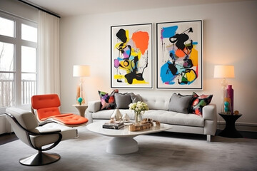 A chic living room featuring an empty white frame on a wall adorned with a striking, monochromatic art piece, balanced by sleek furniture and sporadic bursts of colorful decor accents.