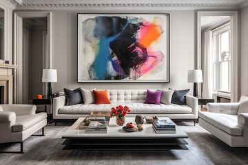 A chic living room featuring an empty white frame on a wall adorned with a striking, monochromatic art piece, balanced by sleek furniture and sporadic bursts of colorful decor accents.