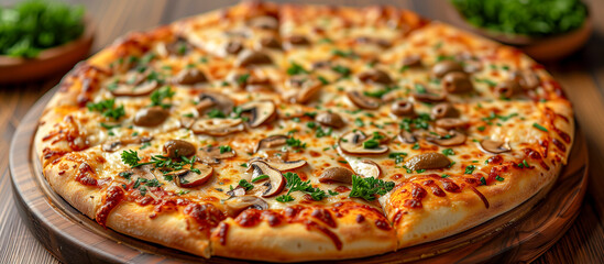 pizza on a table with mushroom