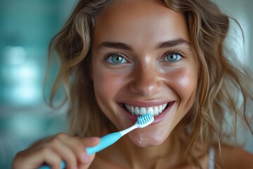 A woman's glowing smile radiates as she diligently brushes her teeth with a toothbrush, emphasizing the importance of oral hygiene and showcasing her beautiful human face