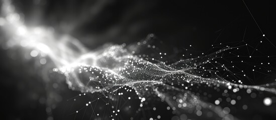 Abstract 3D rendering of a computer-generated, black and white background with a new quantum technology glow, utilizing particles and potentially dark matter.