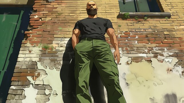Anime artistic image of 30 year white man dark beard bald head no hair big shoulders tall and big plus size dad green pants and black tshirt