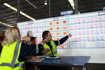 Blue-collar workers work at the KANBAN 
 delivery board at the warehouse.Supervisor and officer...