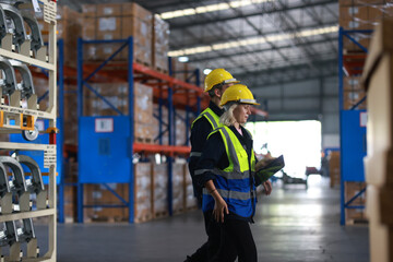 Manager walking and talking with a worker in a warehouse
