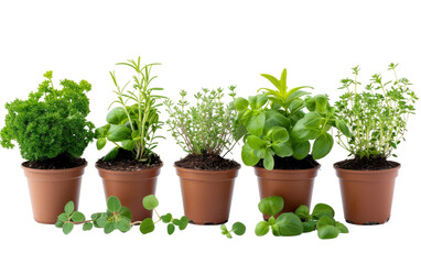 Variety of Fresh Herbs in Small Pots for World Food Day On Transparent Background.