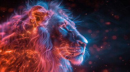 Steampunk lion in altered reality with neon glow