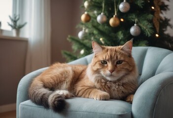 Adorable Cat Enjoying Holiday Season in Cozy Armchair Next to Beautifully Decorated Christmas Tree