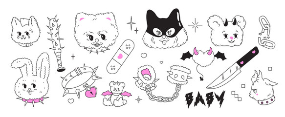 Y2k glamour pink stickers. Kawaii bdsm animals, devil, chain, heart, handcuffs tattoo and other elements in trendy emo goth 2000s style. Vector hand drawn icon. 90s, 00s aesthetic. Pink, black colors.