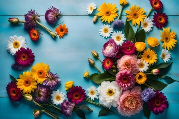 flowers, Bouquet of beautiful spring flowers on a pastel blue table top view. The vibrant colors of the flowers pop against the soft blue backdrop, creating a cheerful and uplifting scene