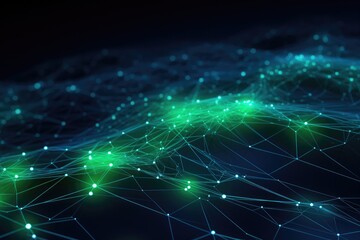 Obraz premium Futuristic Blue and Green Network Lines, Abstract technology background with connection lines and dots. 3D Rendering, Ai generated