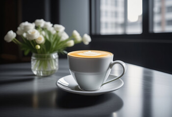 Coffee in a clear glass placed on a wooden table There was a vas