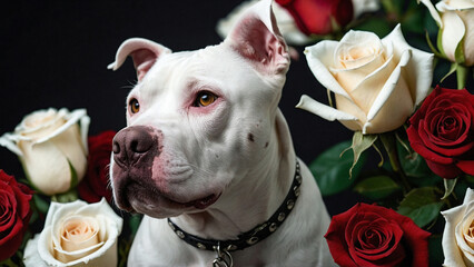 Adorable white pit bull dog on rose flower background