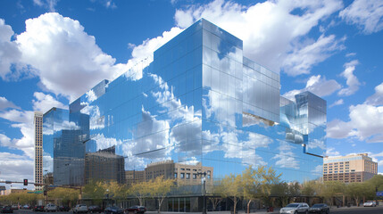 A cluster of reflective skyscrapers towering over the city their glass facades mirroring the changing skies and neighboring buildings