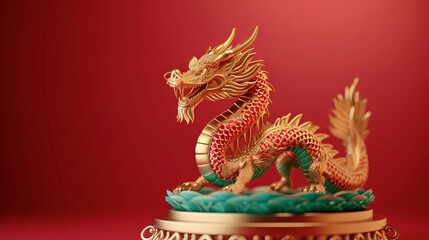 Dragon 3D chinese 2024 year gold new lunar cny podium happy background red golden. chinese dragon 3D banner china festive illustration invitation money party green japanese render celebration blue