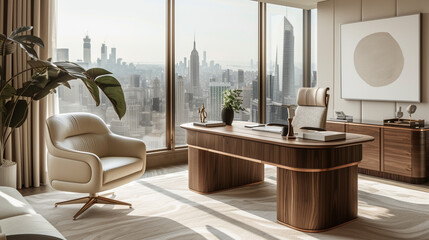A bright airy home office space with a sleek desk motivational art and panoramic cityscape views...