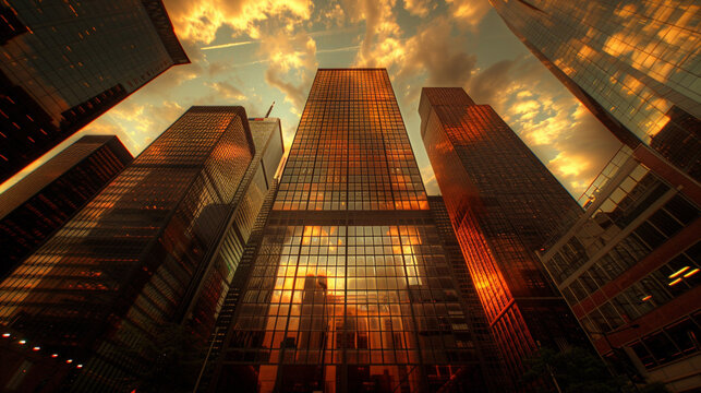 The sunset reflects off the glass facades of urban skyscrapers.