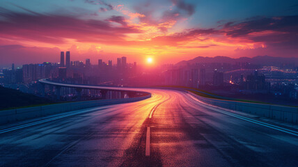 Obraz premium Race track road and bridge with city skyline at sunset,generative ai
