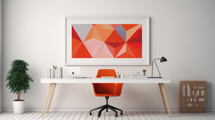 A clean and simple office setup with a blank white empty frame, showcasing a vibrant, geometric art composition.