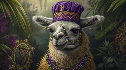 Hieroglyph photo of a pretty llama wearing a peru beanie hat wearing inka necklace wearing fleur de lis earrings listening to the cute new orleans jazz alligator that is wearing a purple and gold  - obrazy, fototapety, plakaty