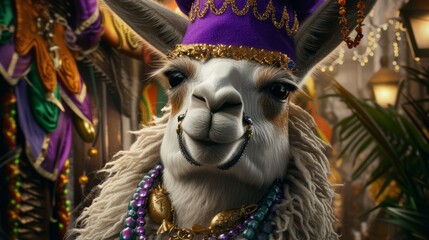 Hieroglyph photo of a pretty llama wearing a peru beanie hat wearing inka necklace wearing fleur de lis earrings listening to the cute new orleans jazz  - obrazy, fototapety, plakaty