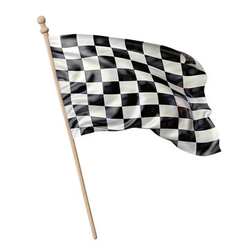 Black and white checkered flag with wooden stick on transparent background, png