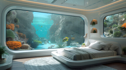 Incredible futuristic underwater bedroom, big panoramic view of the tropical fishes and reef .generative ai