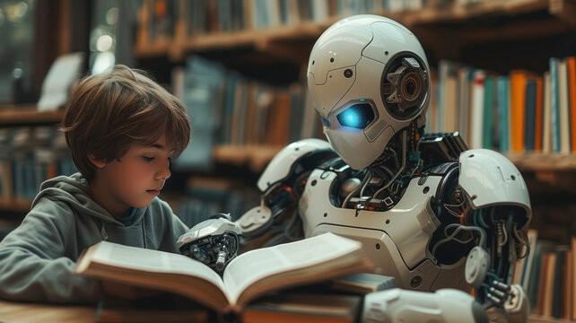 Innovative AI robot tutor helping a teenage boy with homework, they are reading books together, human-robot interaction concept,generative ai
