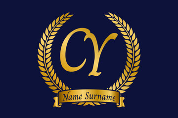 Initial letter C and Y, CY monogram logo design with laurel wreath. Luxury golden calligraphy font.