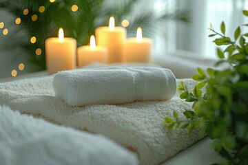 Home Spa Fluffy White Towels, Serene Calming  Candles, and a Bright, Clean Background for Ultimate Relaxation and Wellness, Relaxing Day at Home