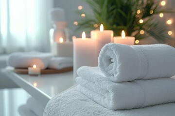 Fototapeta na wymiar Home Spa Fluffy White Towels, Serene Calming Candles, and a Bright, Clean Background for Ultimate Relaxation and Wellness, Relaxing Day at Home