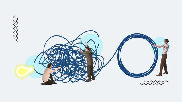 Stop motion. Animation. Colleagues, co-workers working on project together, fixing tangled tasks and reaching professional growth. Concept of business, office, teamwork, success, assistance