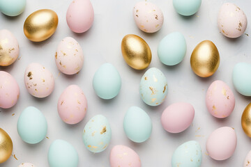 pastel and gold Easter eggs pattern flat lay - obrazy, fototapety, plakaty