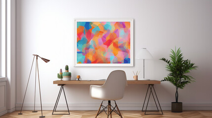 A clean and simple office setup with a blank white empty frame, showcasing a vibrant, abstract digital collage.