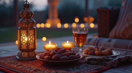 Islam people in ramadhan with a lantern on the mosque, food, happpy vibes, islamic and floating lantern background