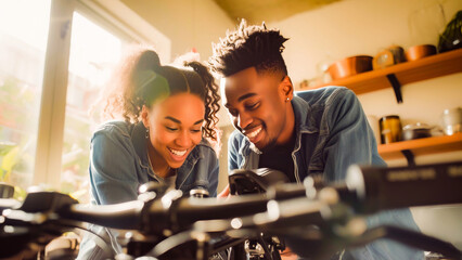 Happy young couple sharing a joyful moment while looking at a bicycle indoors, radiating happiness and love. - obrazy, fototapety, plakaty