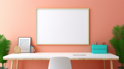 A clean and simple office setup with a blank white empty frame, showcasing a vibrant, abstract digital illustration.